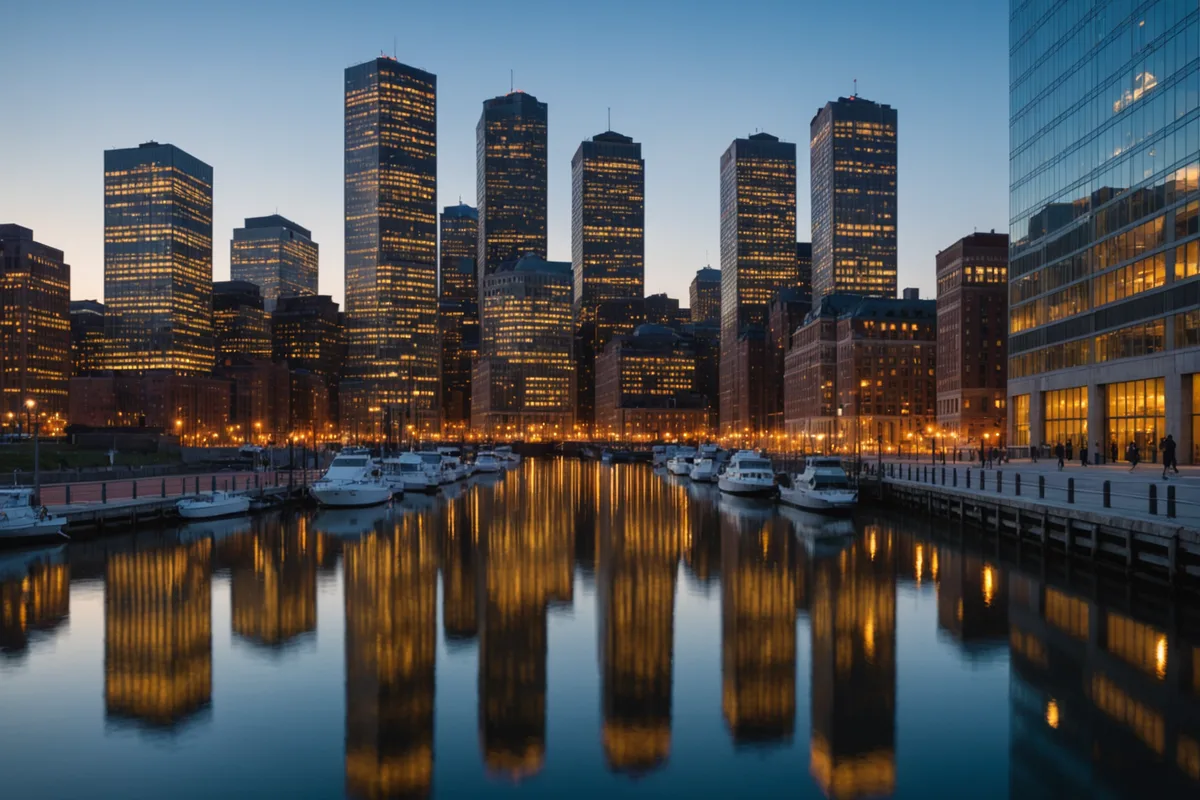Boston Federal Street financial district buildings at dusk